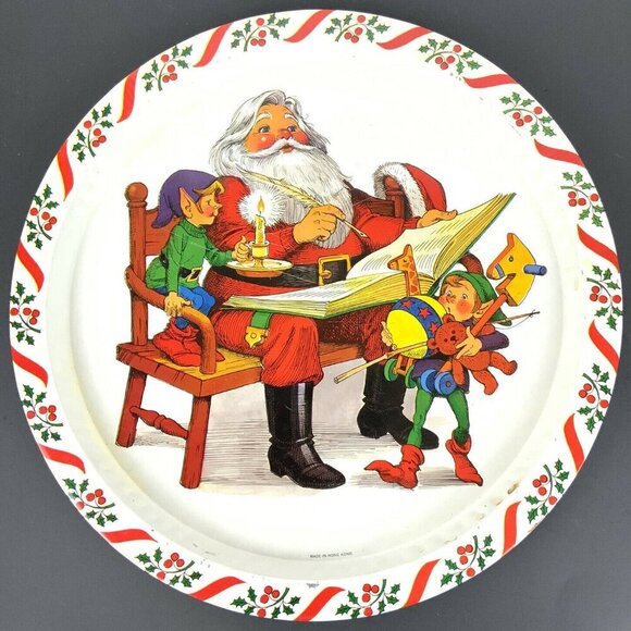 Vintage Santa Claus Elves Christmas Metal Tray Holly Candy Cane Border Hong Kong - Picture 1 of 5